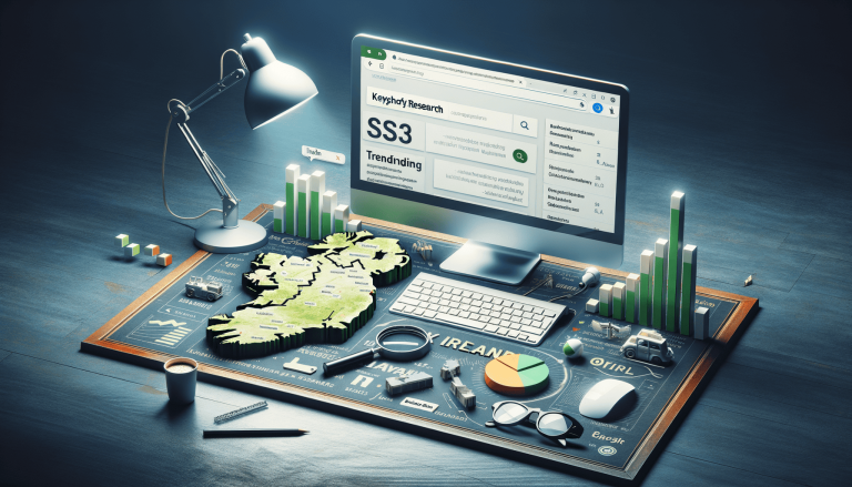 Ireland-focused data analysis desk with computer, map, and charts.