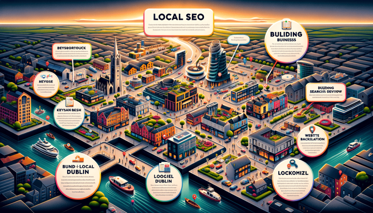 Isometric cityscape infographic illustrating local SEO concepts and businesses.