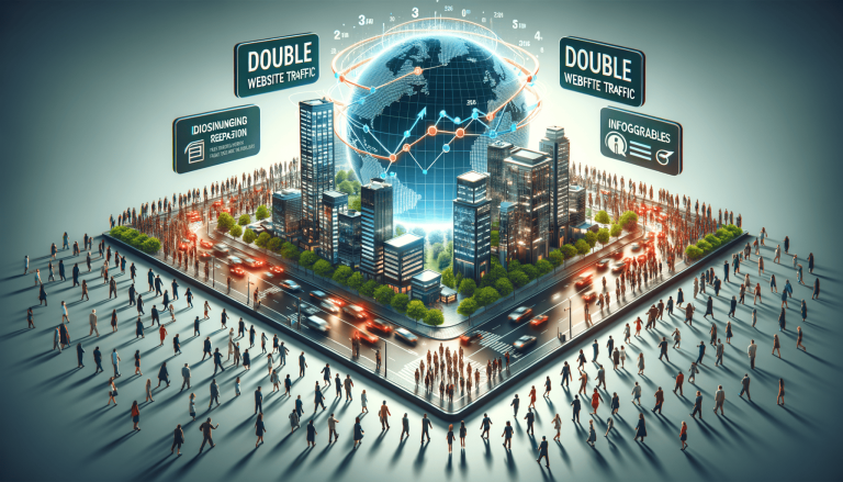 Digital marketing concept: globe, city, people, and website traffic.