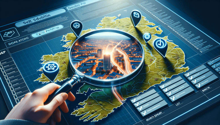 Magnifying glass over Ireland map, revealing a vibrant cityscape.