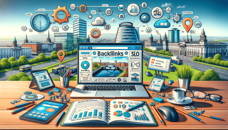 Digital marketing desk setup overlooking a connected cityscape.