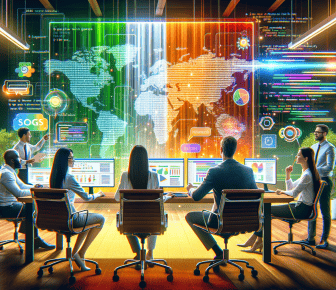 Team discusses global data on futuristic screens.