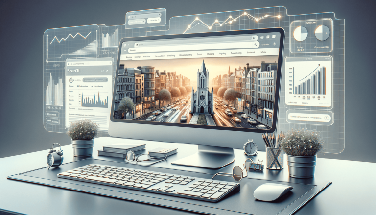 Futuristic desk with monitor showing city and holographic data.