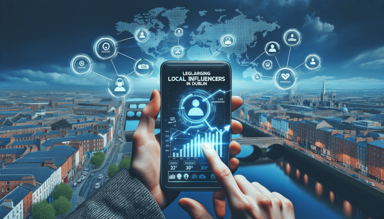 Smartphone displaying 'Local Influencers in Dublin' over cityscape.