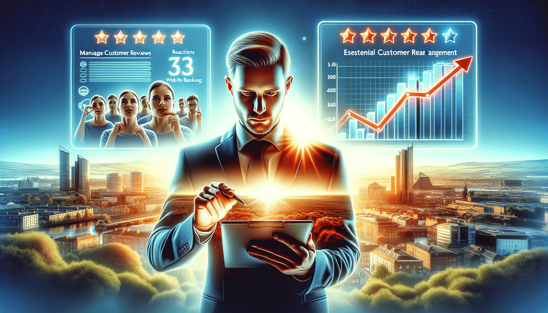 Man analysing customer reviews on digital tablet interface.