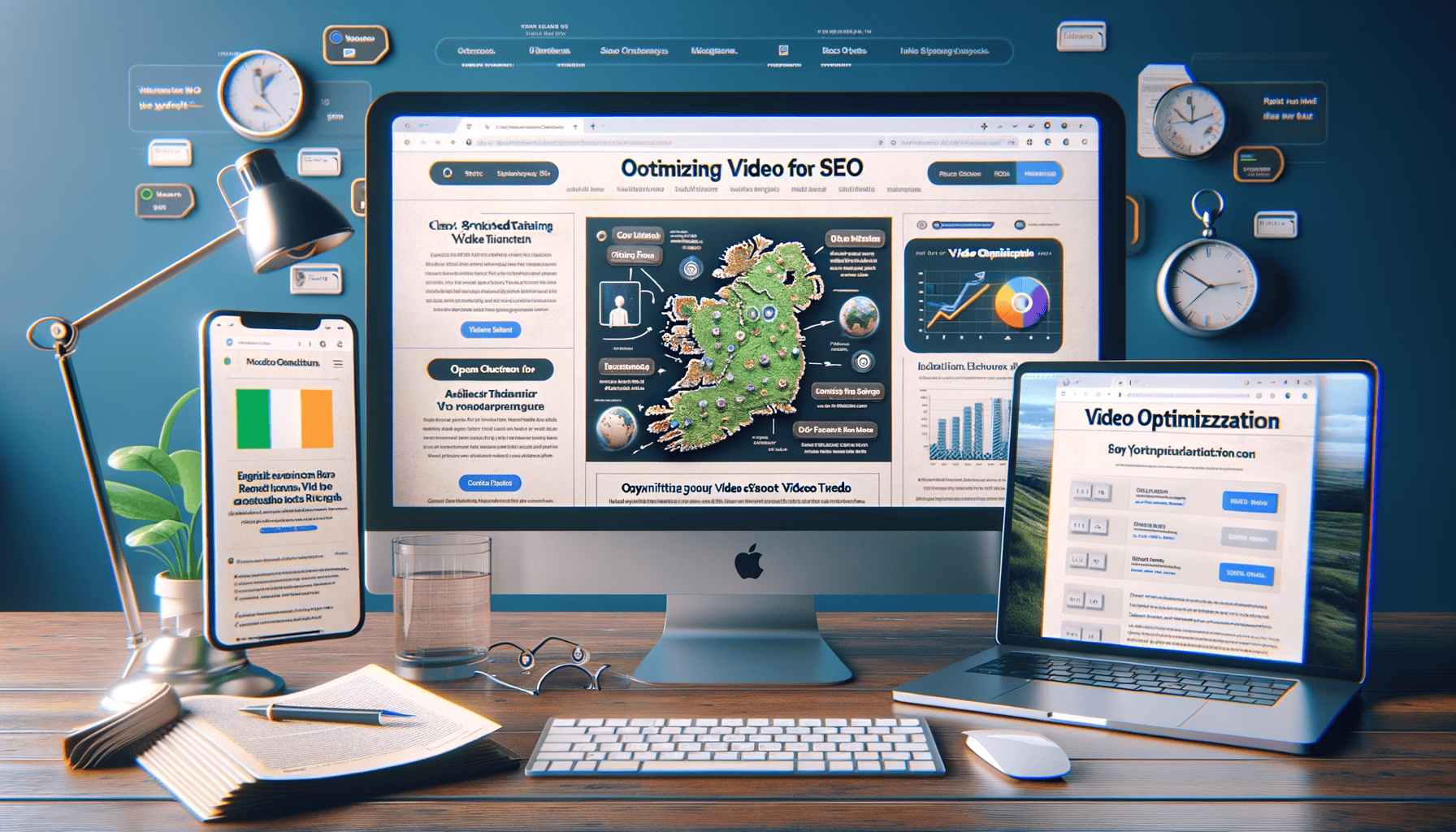Digital devices displaying SEO video optimisation tools.