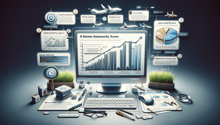 Computer monitor displaying business data and SEO graphs on office desk.