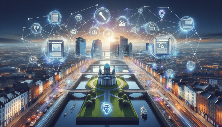Digital network overlaying modern city, symbolising smart urban development.