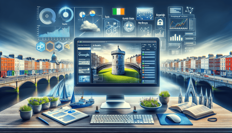 Computer on desk, Dublin cityscape background, digital data interface.