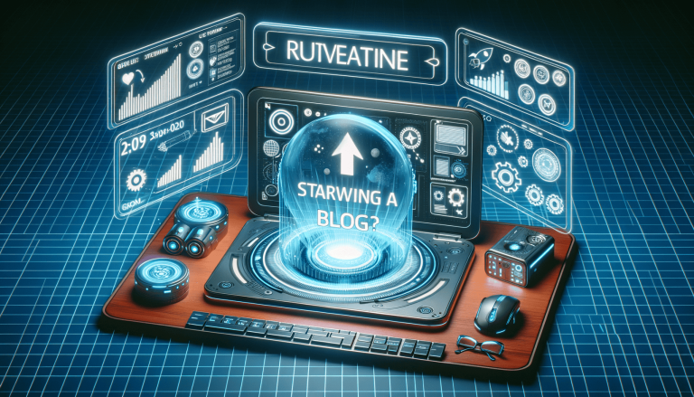 Futuristic workspace, holographic displays, asking 'STARWING A BLOG?'