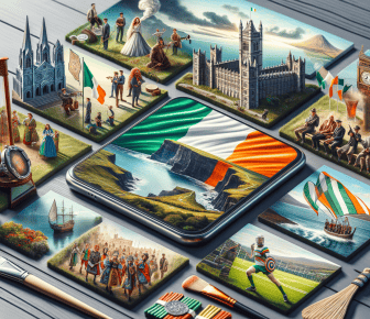 Irish cultural symbols and landmarks on wooden tiles.