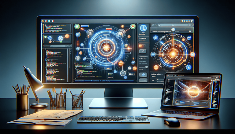 Desktop computer and laptop displaying glowing technological interfaces.