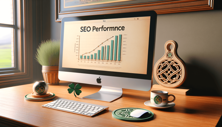 Desk with iMac showing SEO graph, shamrock, and Celtic decor.