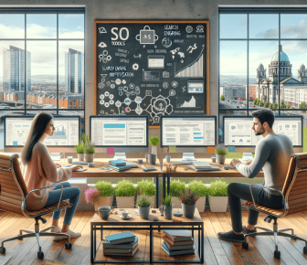 Two people working at a modern SEO office.