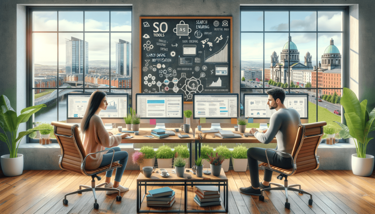 Two people working in an SEO-focused city office.