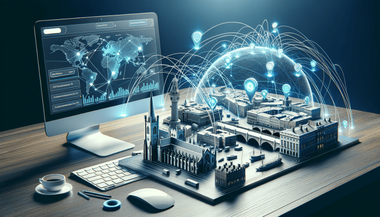 Smart city model with global data network and computer.