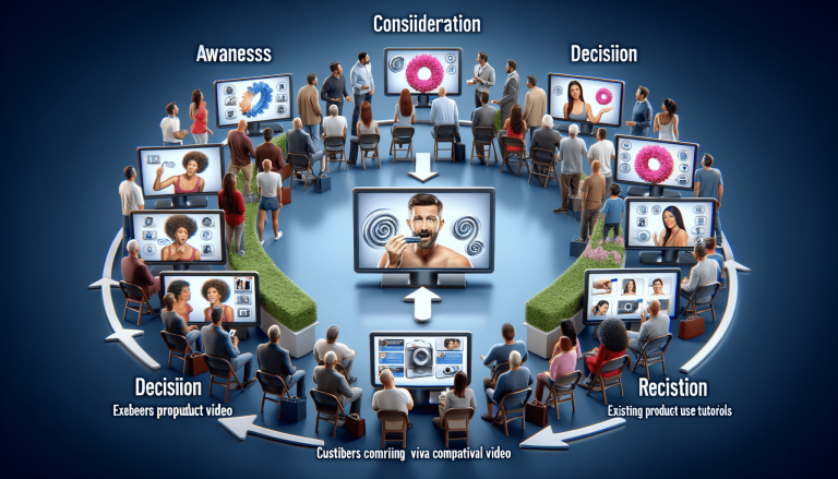 Customer journey diagram with people watching product content on screens.