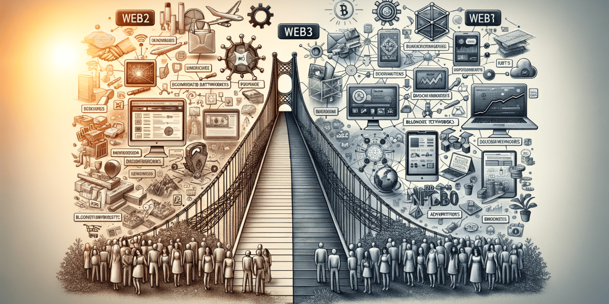 Illustration: Web2 to Web3 transition via a connecting bridge.