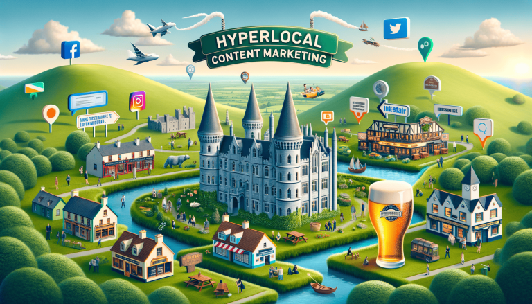 Hyperlocal content marketing landscape with castle, village, and social media.