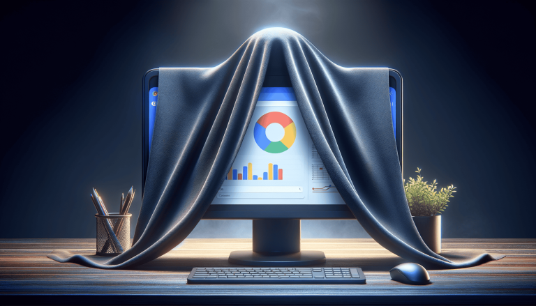 Business data charts revealed on monitor under a draped cloth.
