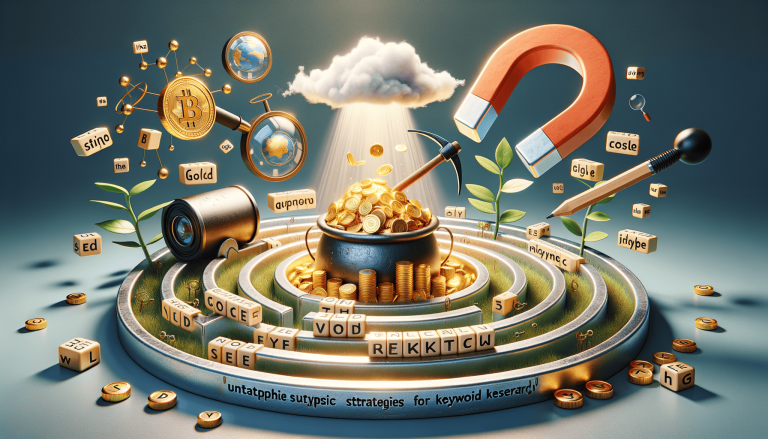 Digital marketing keyword research concept with coins and tools.