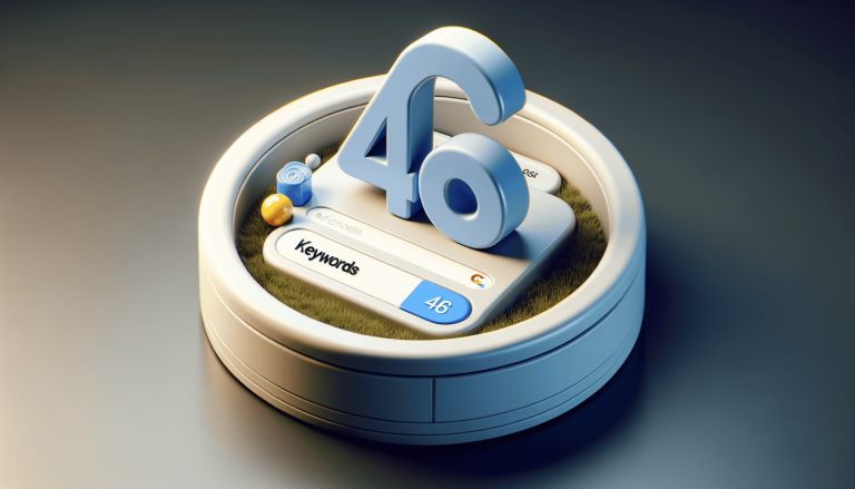 3D render: Keywords search bar, '46' results, SEO concept.