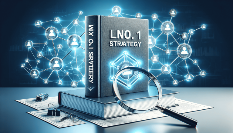 Strategy book, glowing network, magnifying glass, and business documents.