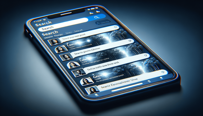 Smartphone displaying a search interface with user profiles, glowing forest.