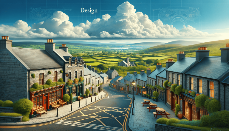 Charming village street, green valley, distant church, dramatic clouds.