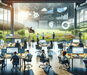 Futuristic office with digital interfaces and nature view.