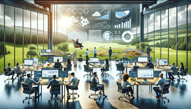 Modern open-plan office with nature views and digital data displays.