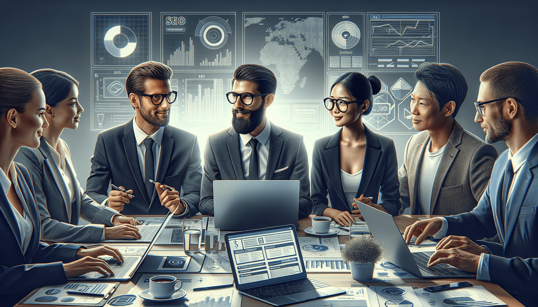 Team discussing business strategy with digital charts