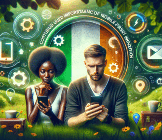 Two people using smartphones outdoors with technology icons.