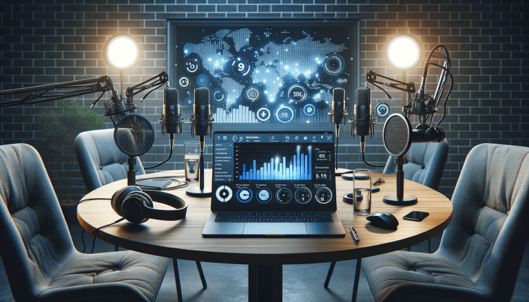 Modern podcast studio with microphones, laptop, and global data display.