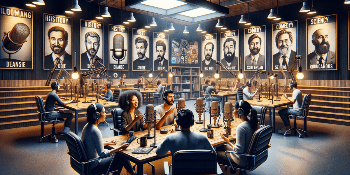 Modern podcast studio with multiple hosts and large portraits.