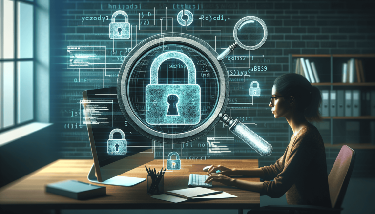 Woman working on computer with digital cybersecurity overlay.