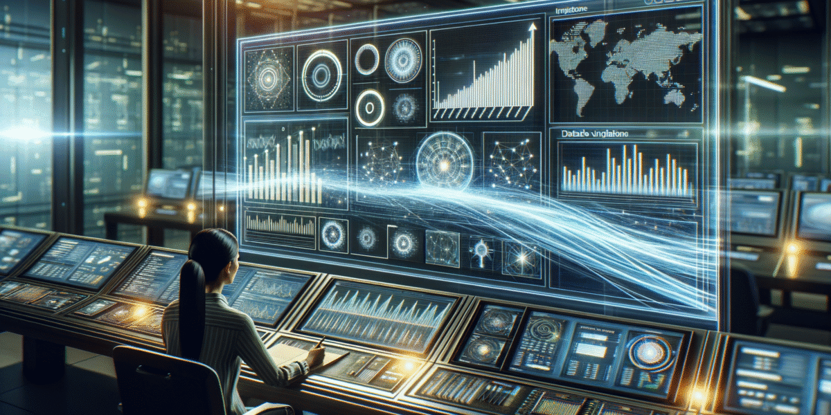Woman monitors complex holographic data display in futuristic control room.