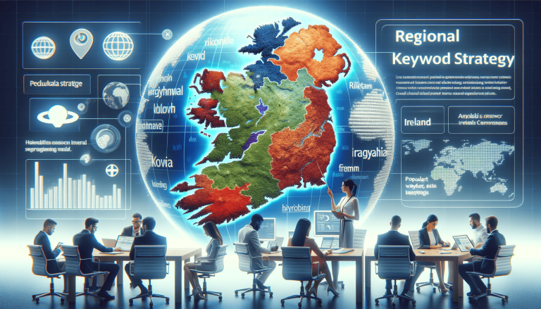 Team analysing Ireland/UK regional keyword strategy with holographic map data.