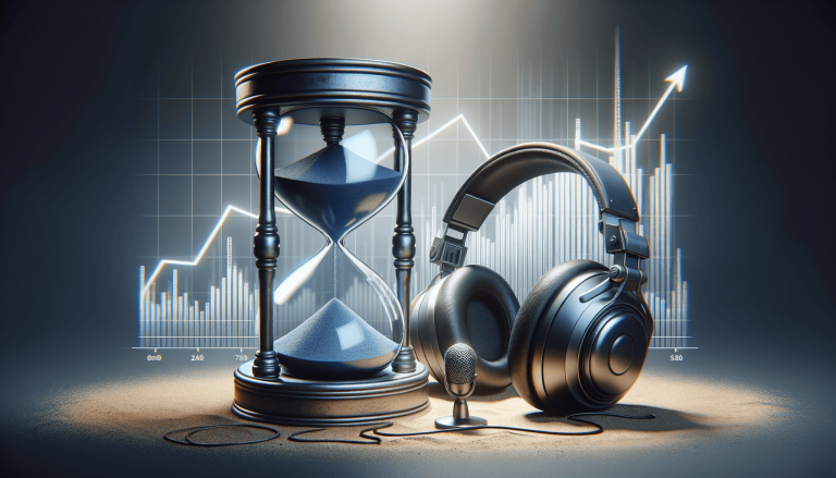 Hourglass, headphones, microphone, rising graph, and sand.