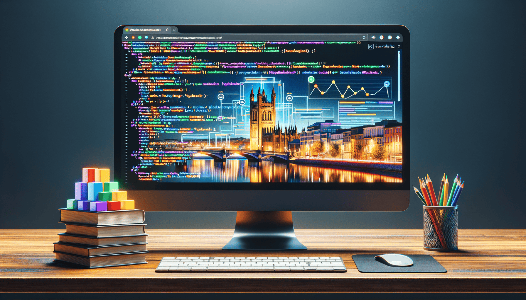 Computer showing code overlay on London cityscape.
