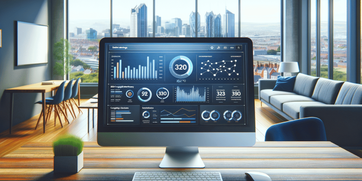 Computer displaying analytics in modern office with view.