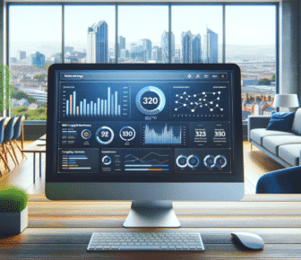 Computer displaying analytics in modern office with view.