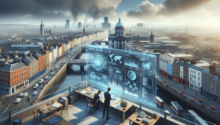 Men analyse holographic data on rooftop overlooking futuristic cityscape.