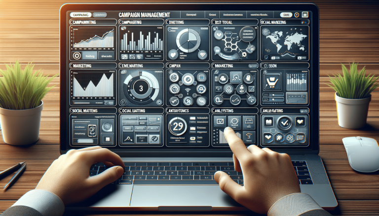 Hands interacting with a laptop showing a data analytics dashboard.