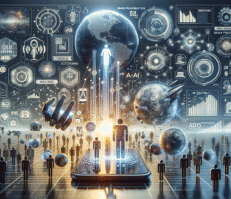 Futuristic digital technology with holographic interfaces and globe.