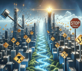 Futuristic city with signs and glowing river.