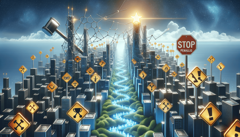 Abstract cityscape with legal gavel, glowing path, and warning signs.