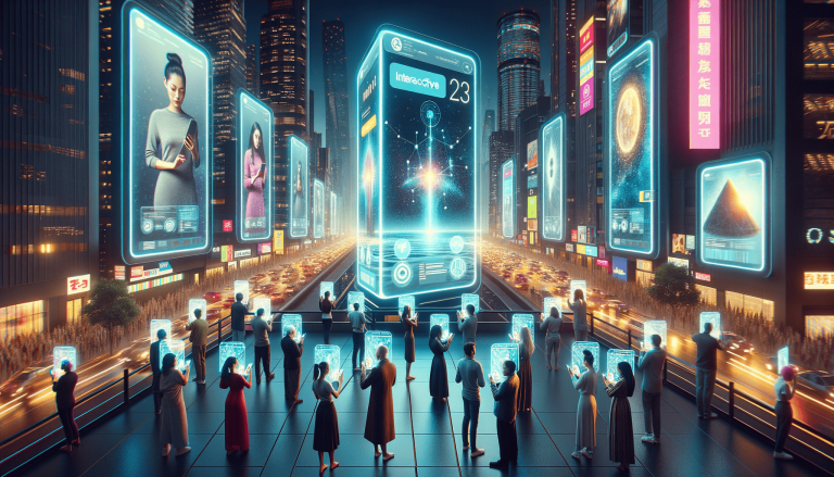 Futuristic city with people interacting with glowing digital screens.