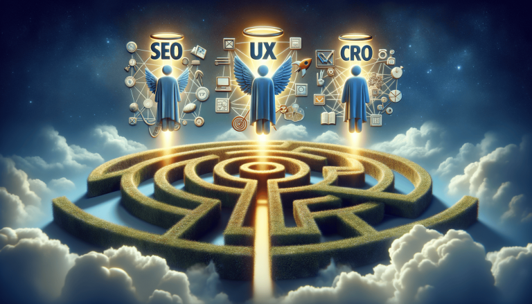 Angelic SEO, UX, CRO figures float above a complex digital maze.