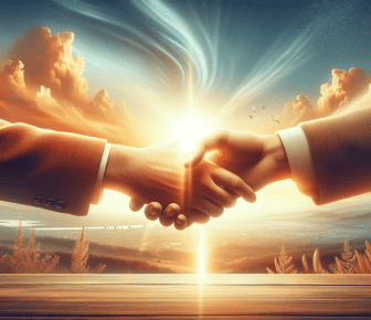 Handshake at sunrise over scenic landscape.